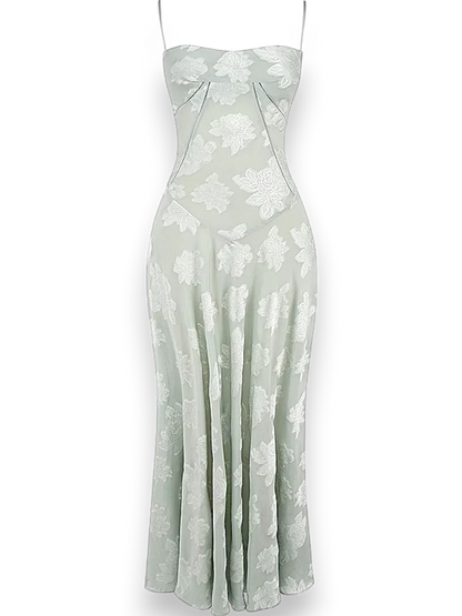 Vestido largo mujer con bordado floral y tirantes finos