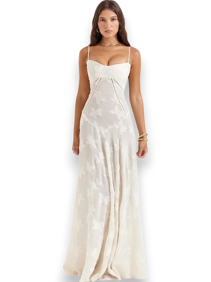 Vestido largo mujer con bordado floral y tirantes finos