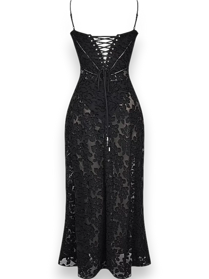 Vestido largo mujer con bordado floral y tirantes finos