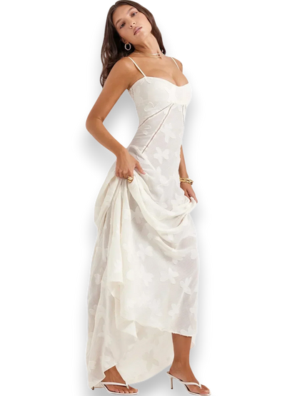 Vestido largo mujer con bordado floral y tirantes finos