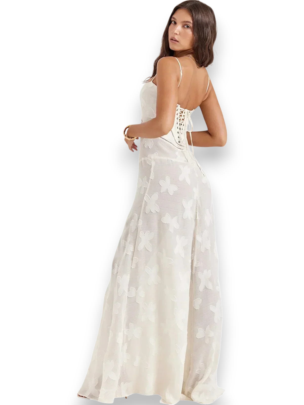 Vestido largo mujer con bordado floral y tirantes finos