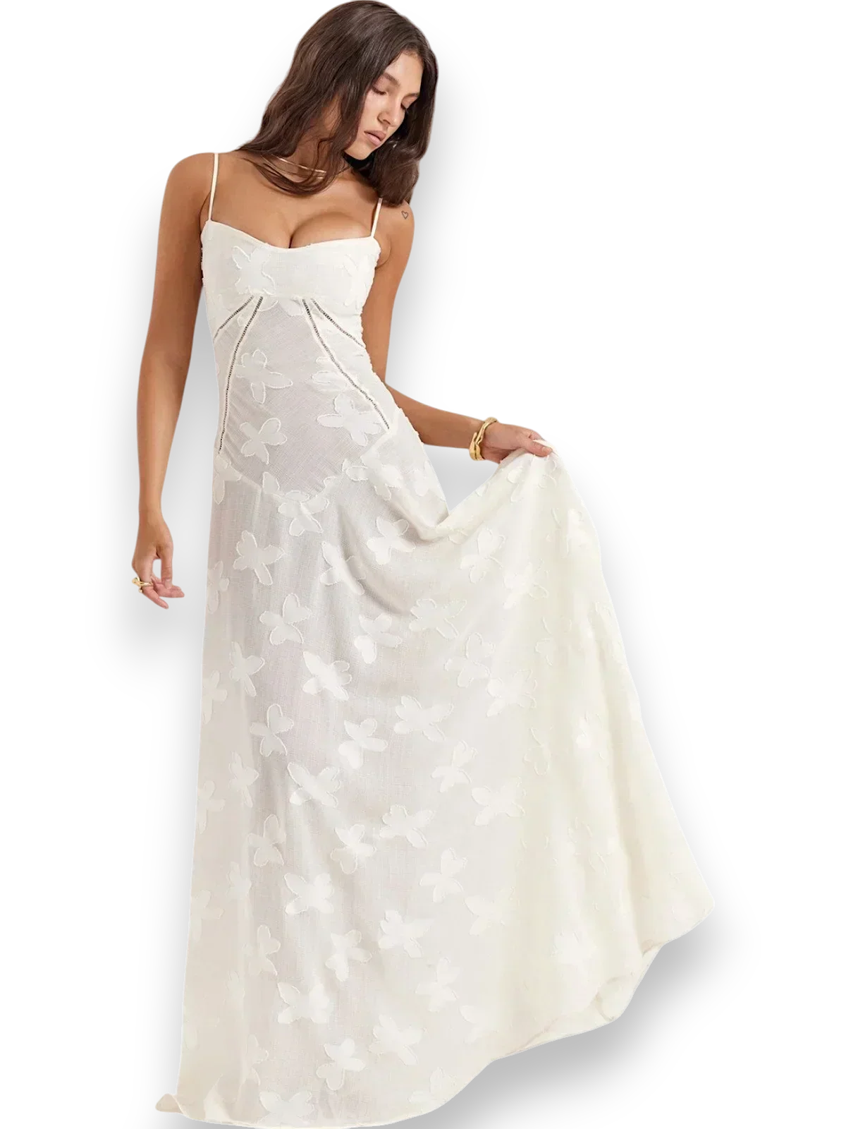 Vestido largo mujer con bordado floral y tirantes finos