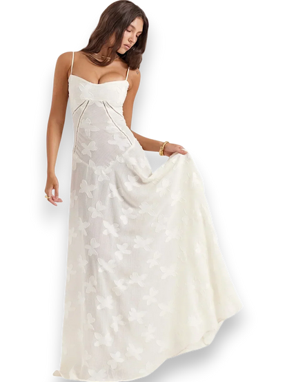 Vestido largo mujer con bordado floral y tirantes finos