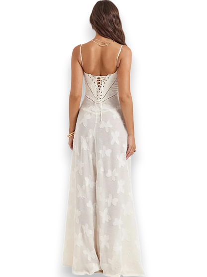 Vestido largo mujer con bordado floral y tirantes finos