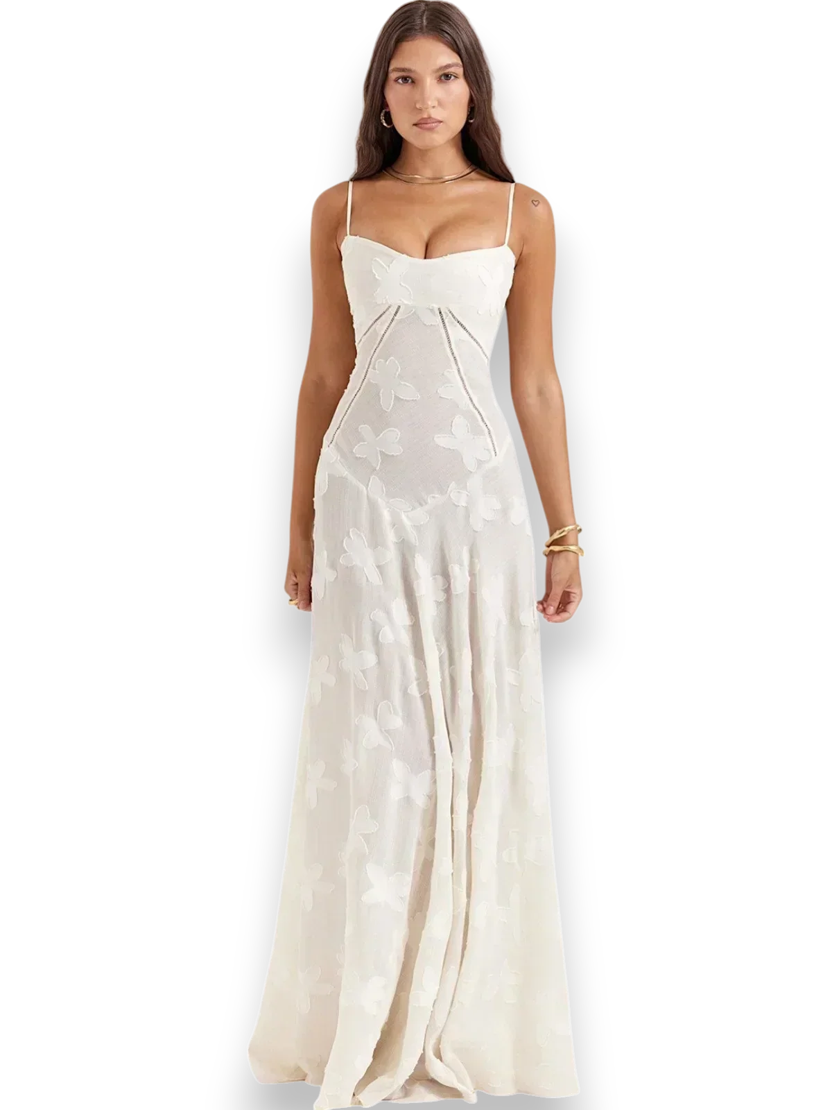 Vestido largo mujer con bordado floral y tirantes finos