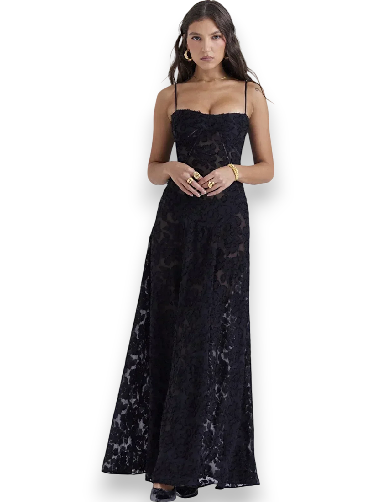 Vestido largo mujer con bordado floral y tirantes finos