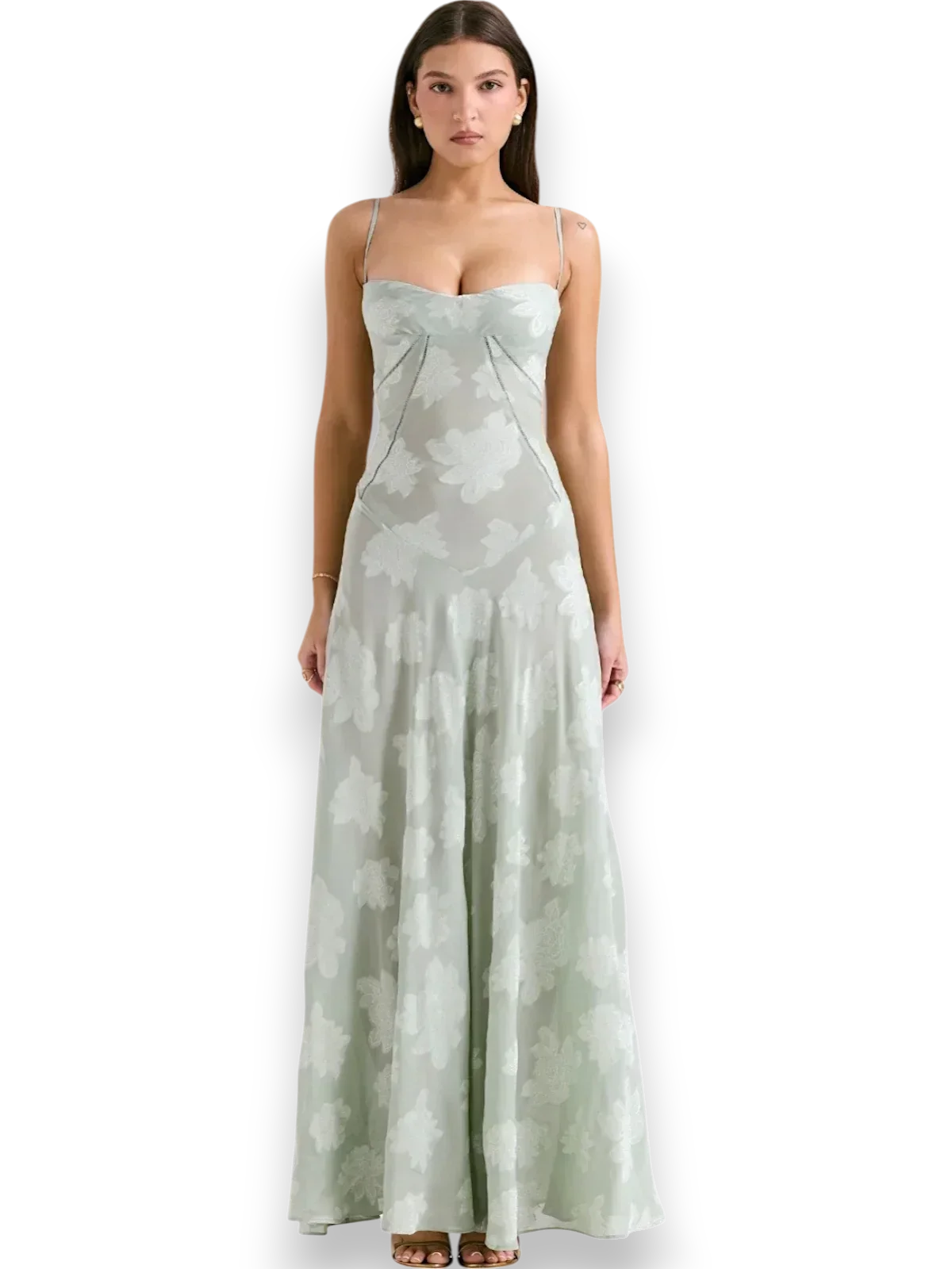 Vestido largo mujer con bordado floral y tirantes finos