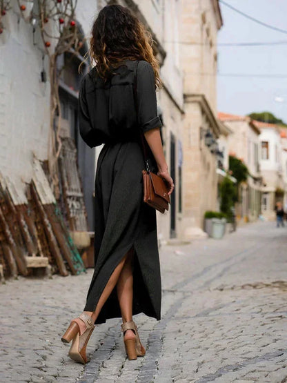 Vestido largo mujer con cinturón, escote en V y botones