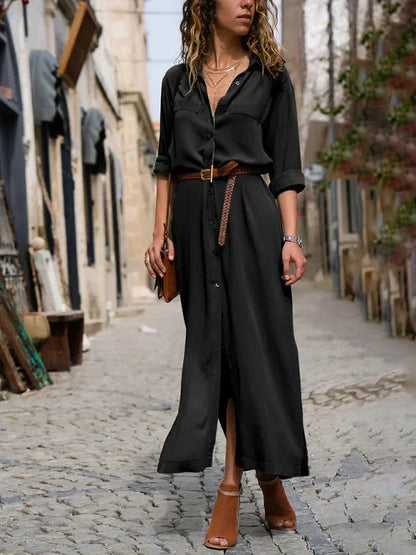 Vestido largo mujer con cinturón, escote en V y botones