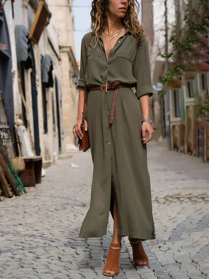 Vestido largo mujer con cinturón, escote en V y botones