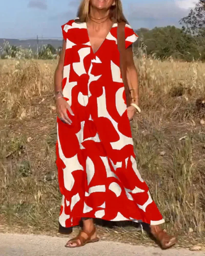 Vestido largo mujer con cuello en V y motivos fluidos