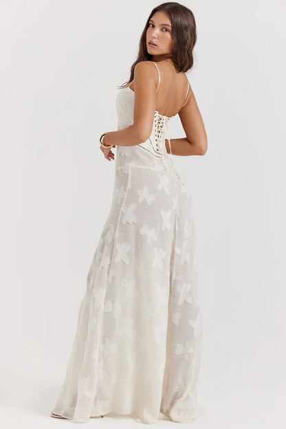 Vestido largo mujer con encaje floral y tirantes finos