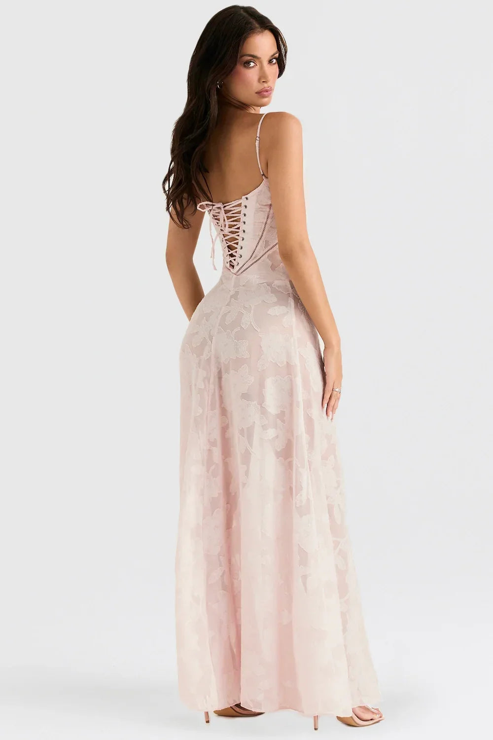 Vestido largo mujer con encaje floral y tirantes finos