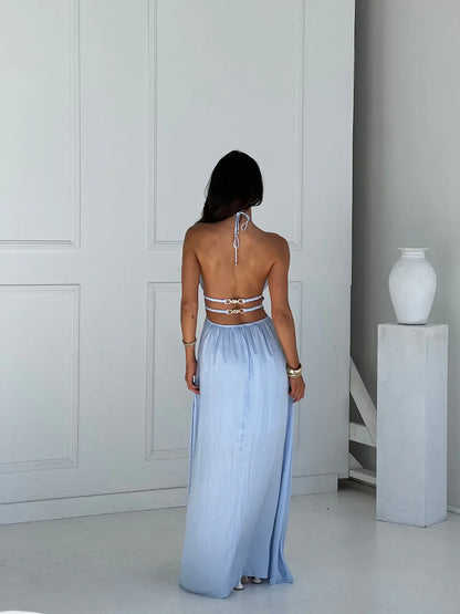 Vestido largo mujer con espalda descubierta y detalles recortados