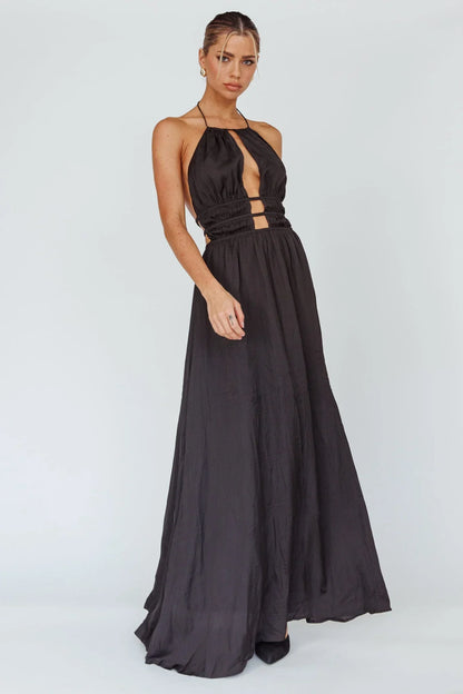 Vestido largo mujer con espalda descubierta y detalles recortados