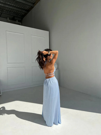 Vestido largo mujer con espalda descubierta y detalles recortados