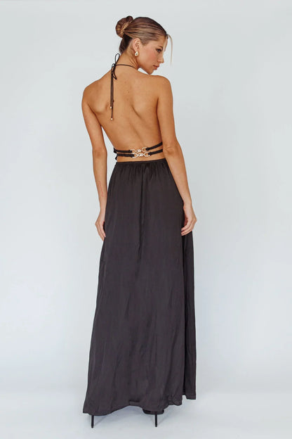 Vestido largo mujer con espalda descubierta y detalles recortados
