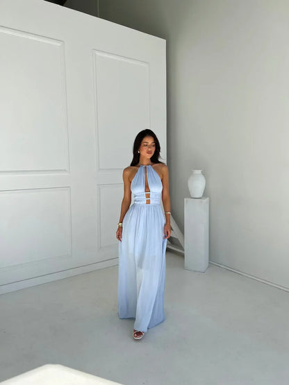 Vestido largo mujer con espalda descubierta y detalles recortados