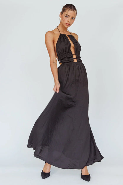 Vestido largo mujer con espalda descubierta y detalles recortados