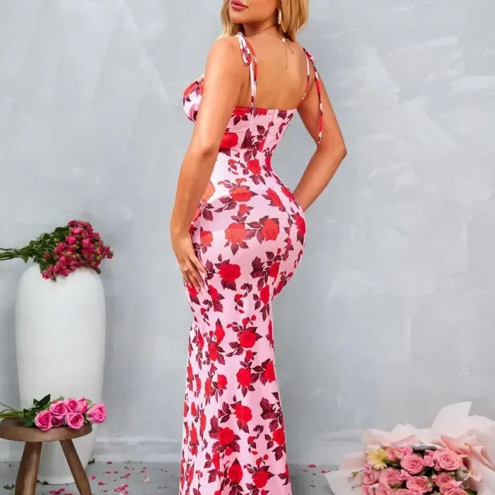 Vestido largo mujer con motivos florales y tirantes anudados