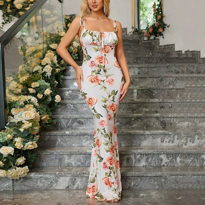 Vestido largo mujer con motivos florales y tirantes anudados