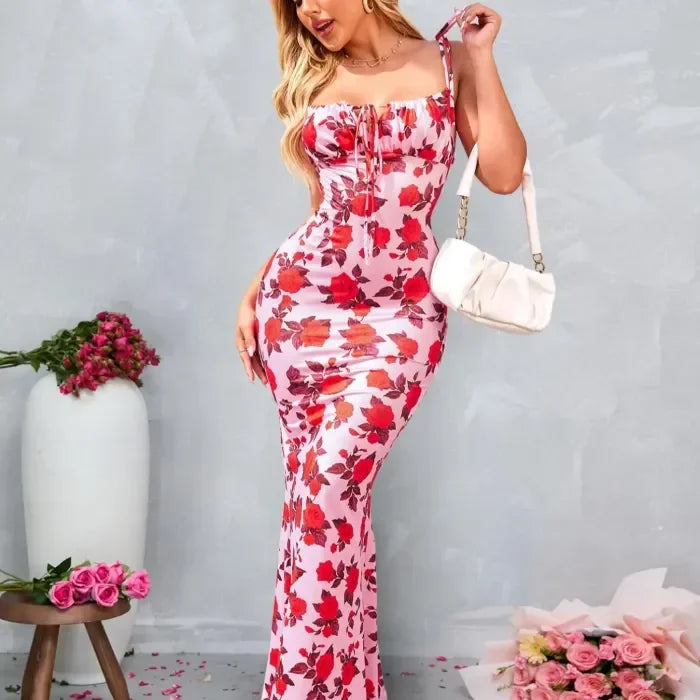 Vestido largo mujer con motivos florales y tirantes anudados