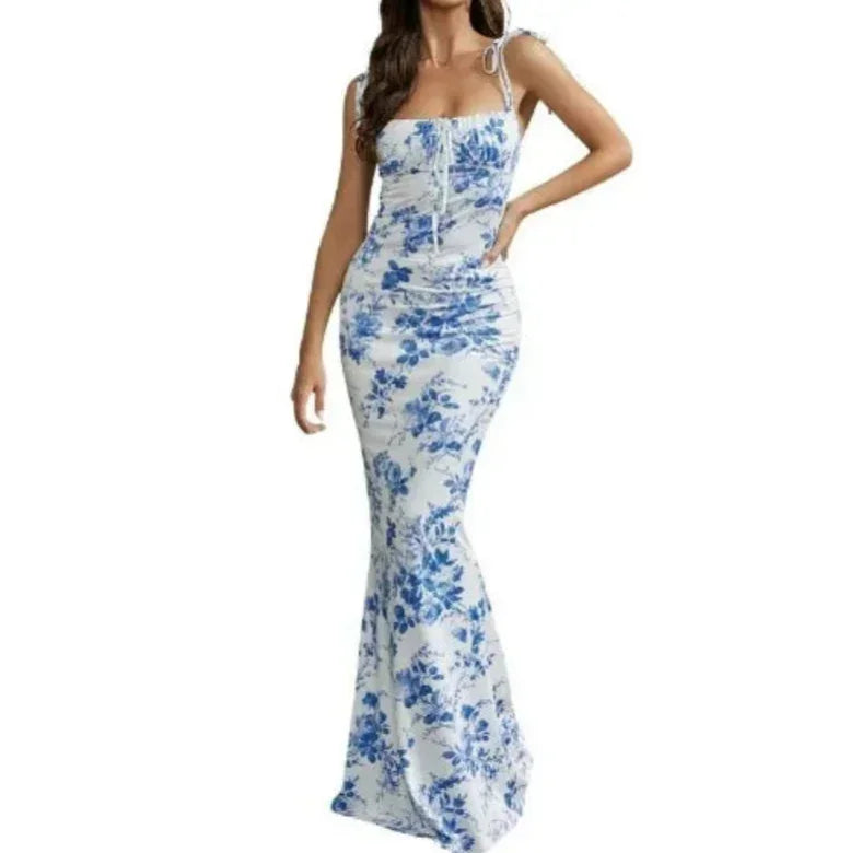 Vestido largo mujer con motivos florales y tirantes anudados