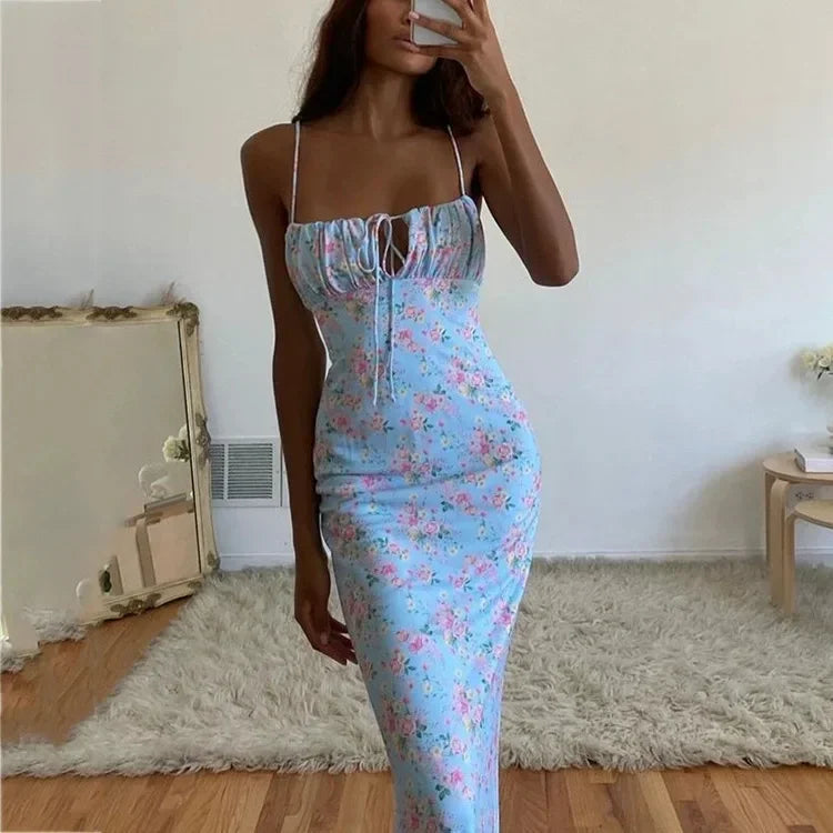 Vestido largo mujer con motivos florales y tirantes anudados