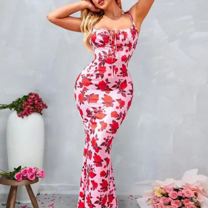 Vestido largo mujer con motivos florales y tirantes anudados