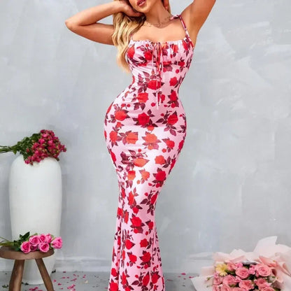 Vestido largo mujer con motivos florales y tirantes anudados