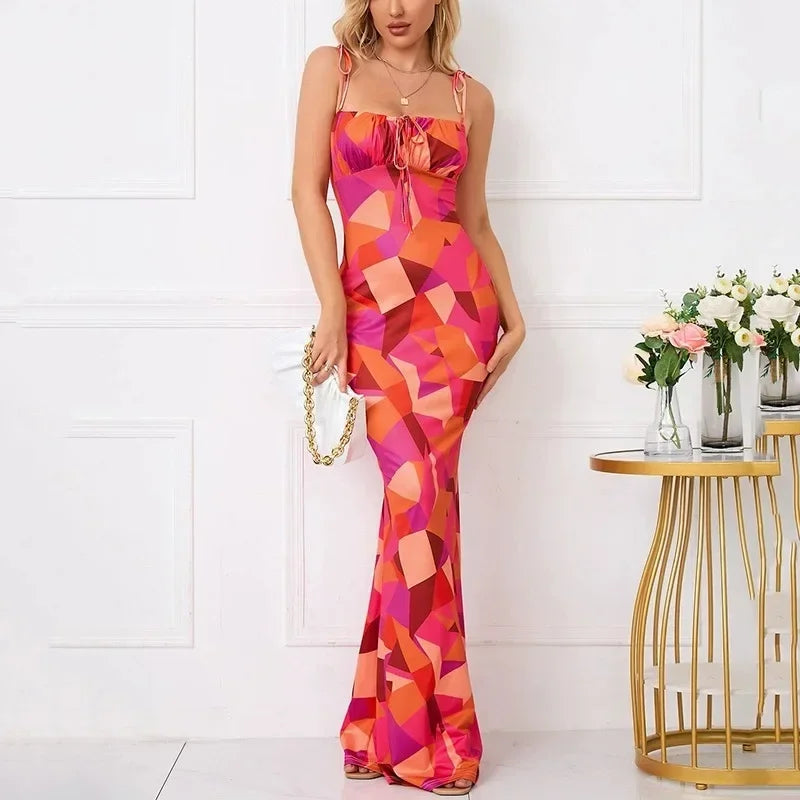 Vestido largo mujer con motivos florales y tirantes anudados