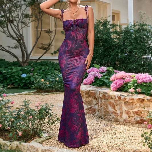 Vestido largo mujer con motivos florales y tirantes anudados