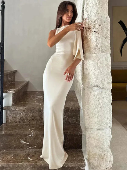 Vestido largo de mujer con lazo decorativo sin mangas