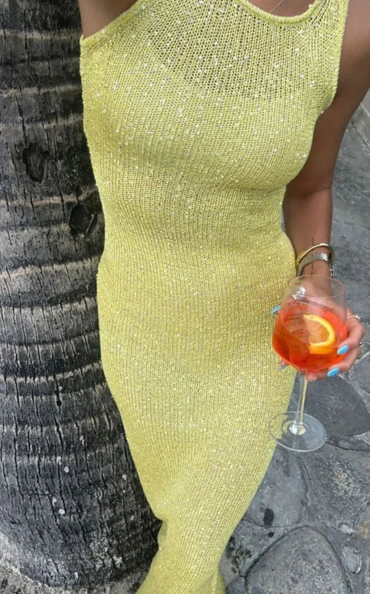 Vestido largo mujer con lentejuelas y cuello redondo