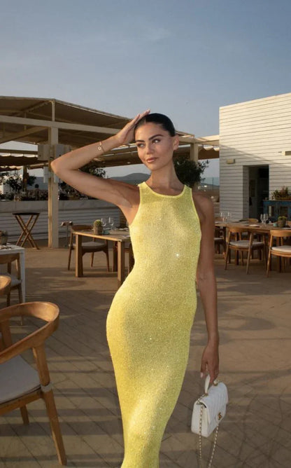 Vestido largo mujer con lentejuelas y cuello redondo