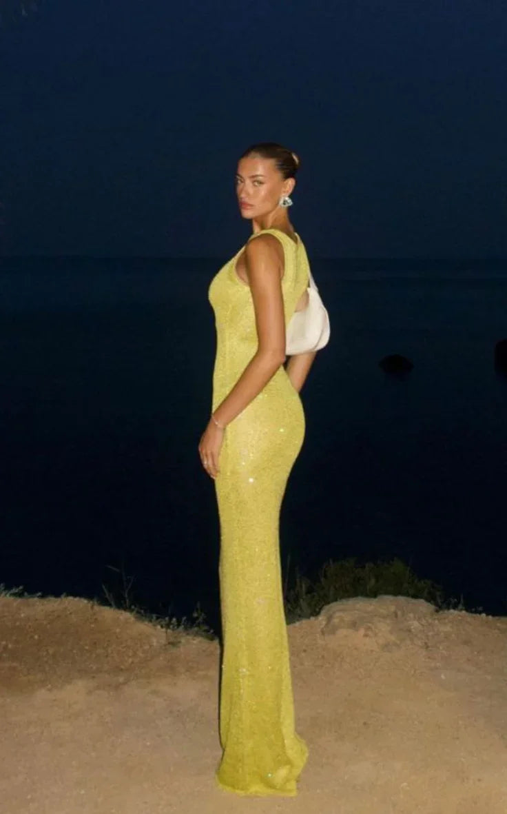 Vestido largo mujer con lentejuelas y cuello redondo