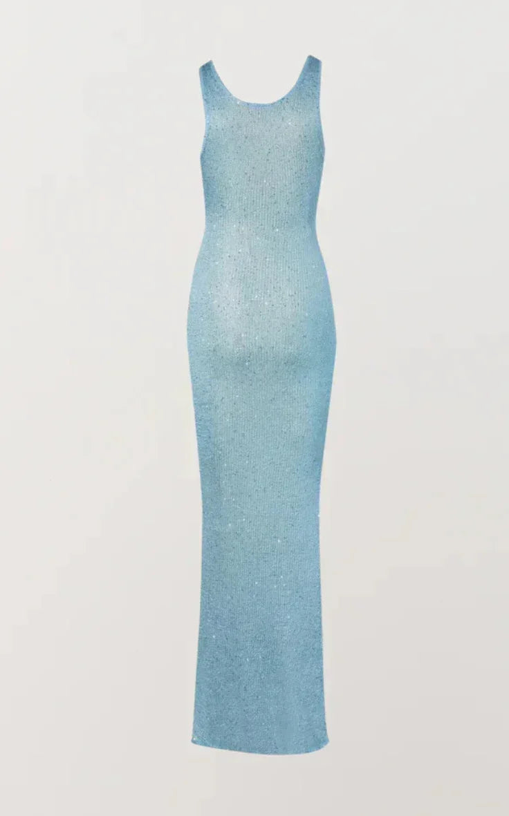 Vestido largo mujer con lentejuelas y cuello redondo