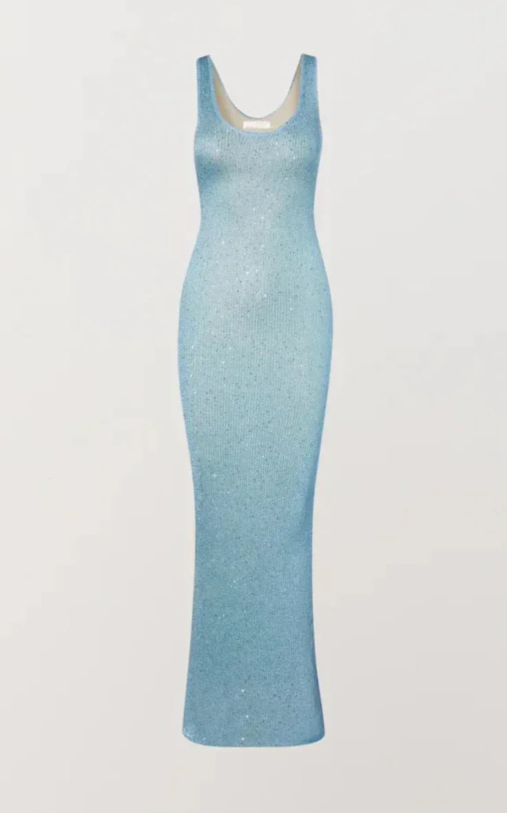 Vestido largo mujer con lentejuelas y cuello redondo