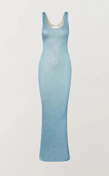 Vestido largo mujer con lentejuelas y cuello redondo