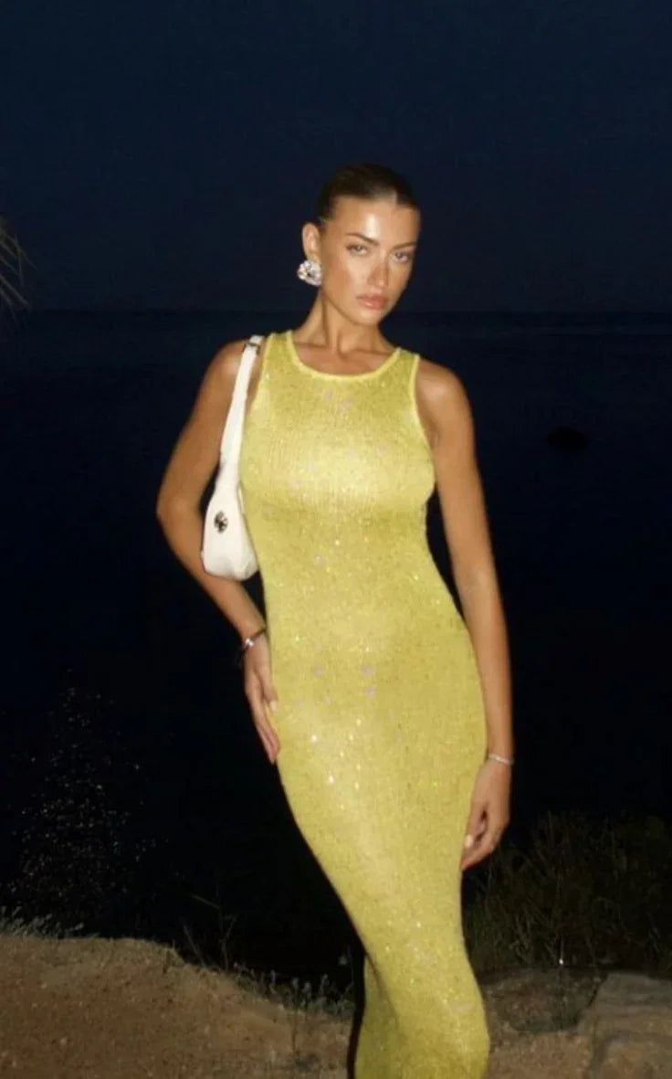 Vestido largo mujer con lentejuelas y cuello redondo