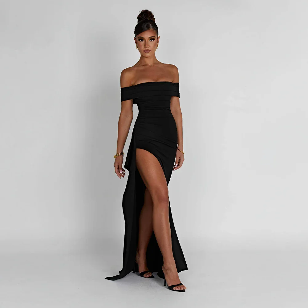 Vestido largo mujer con Hombros descubiertos y abertura