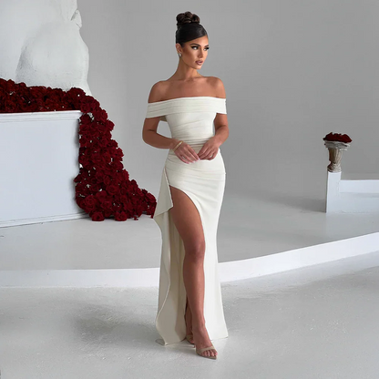Vestido largo mujer con Hombros descubiertos y abertura