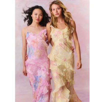 Vestido largo mujer con volantes asimétricos y tirantes finos