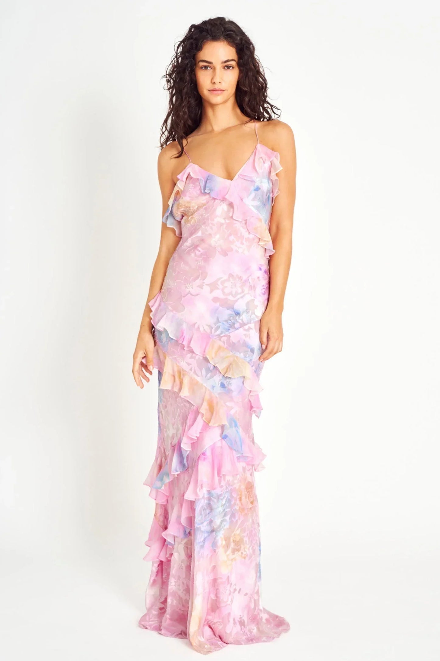 Vestido largo mujer con volantes asimétricos y tirantes finos