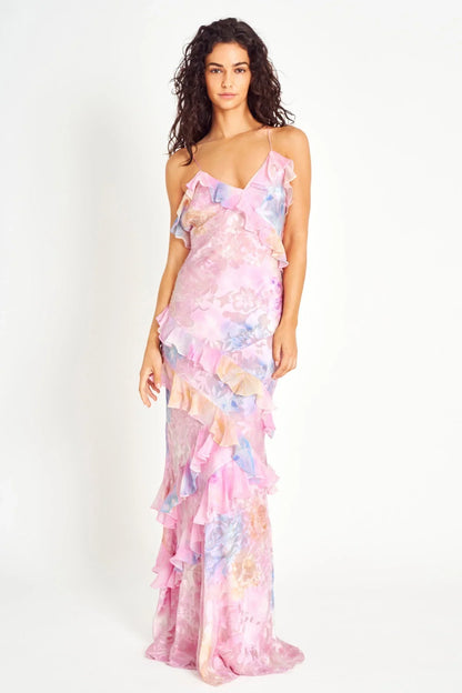 Vestido largo mujer con volantes asimétricos y tirantes finos