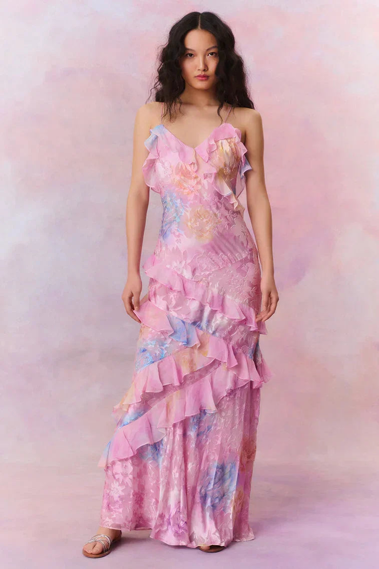 Vestido largo mujer con volantes asimétricos y tirantes finos