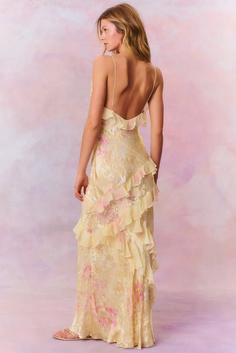 Vestido largo mujer con volantes asimétricos y tirantes finos
