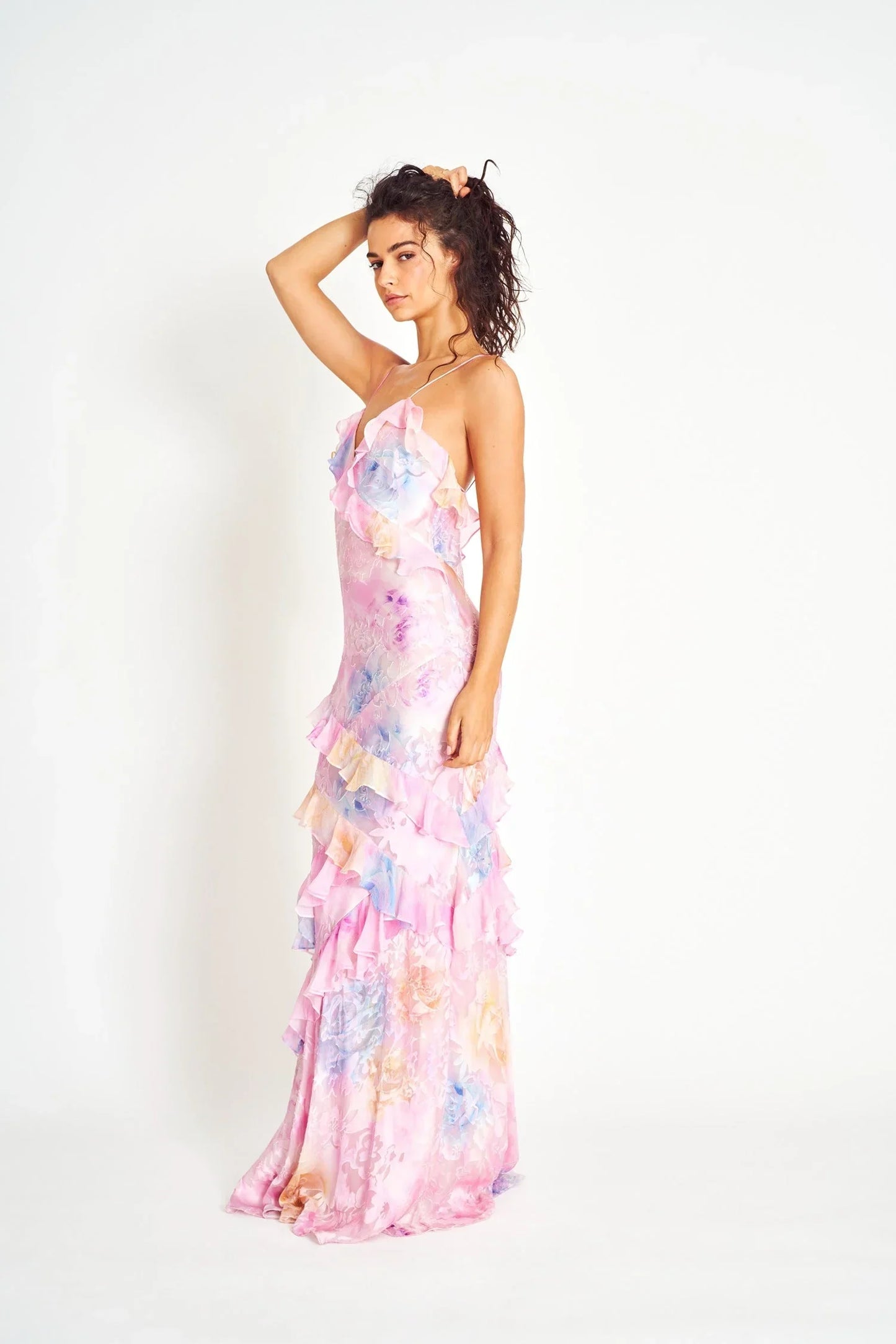 Vestido largo mujer con volantes asimétricos y tirantes finos