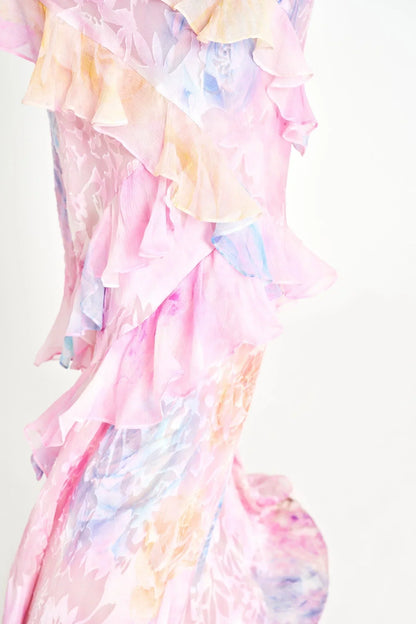 Vestido largo mujer con volantes asimétricos y tirantes finos