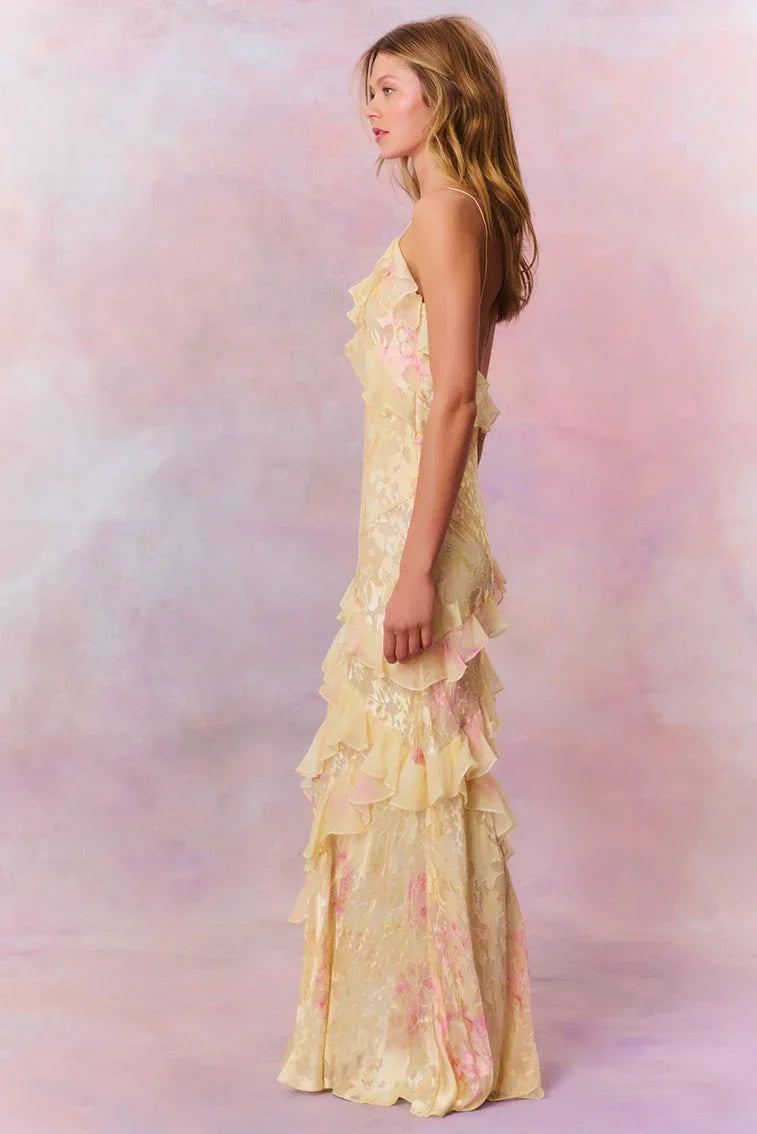 Vestido largo mujer con volantes asimétricos y tirantes finos